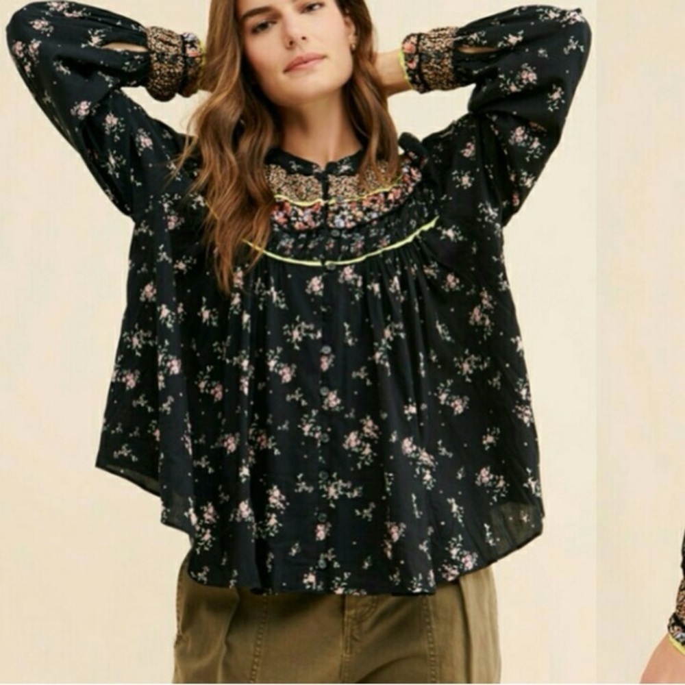 Free People Paloma Printed Long Sleeve Blouse Floral Flowy Button Up Size Small